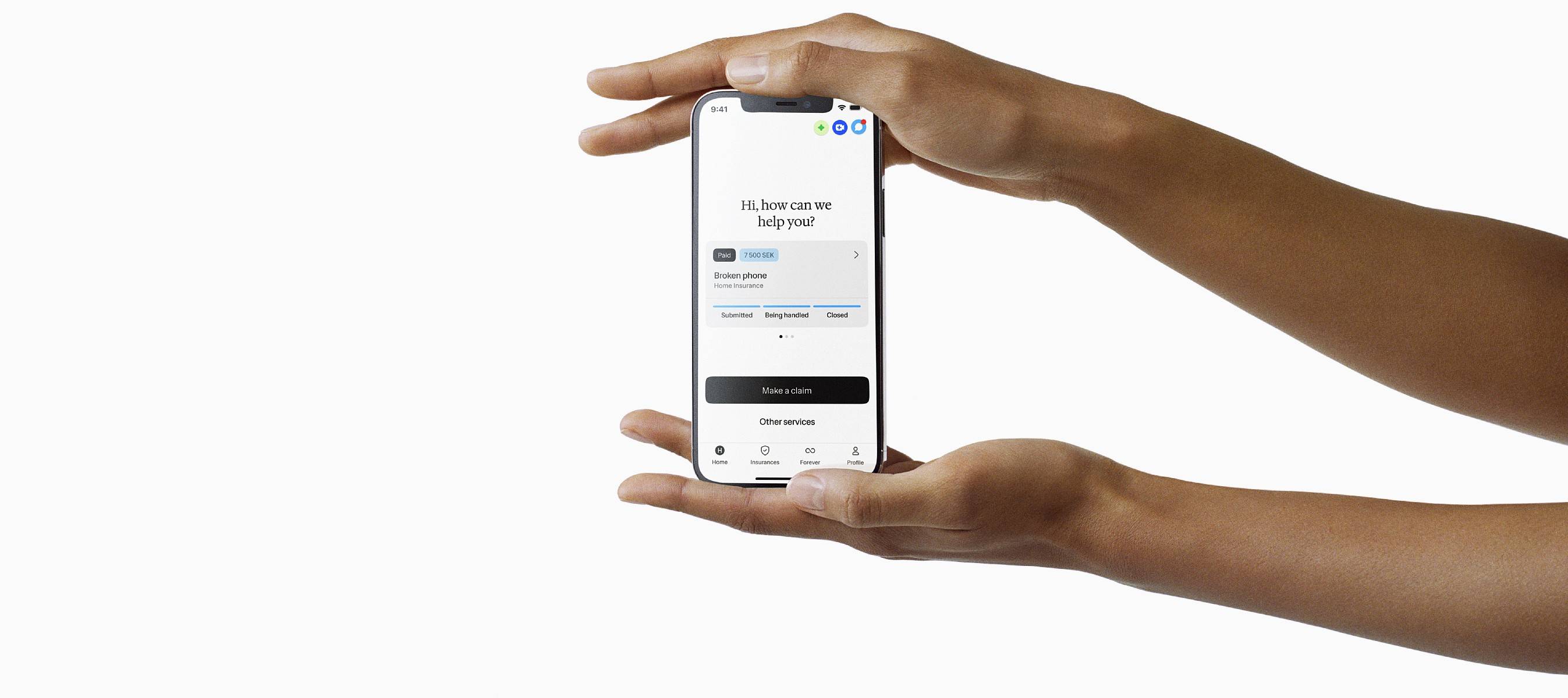 Two hands holding up phone with insurance app.
